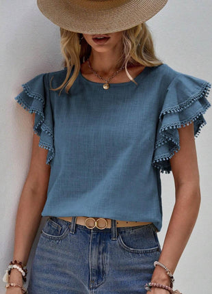 Ruffled Cap Sleeve Round Neck Blouse - MimiStylez