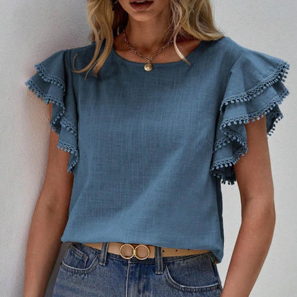 Ruffled Cap Sleeve Round Neck Blouse - MimiStylez