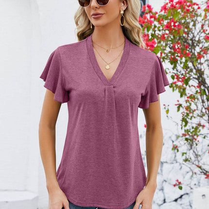 V-Neck Flutter Sleeve T-Shirt - MimiStylez