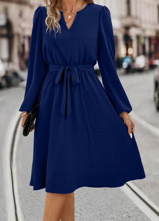 Tie Waist Notched Neck Long Sleeve Dress - MimiStylez