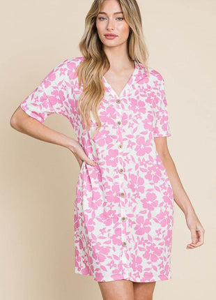 BOMBOM Floral Button Down Mini Dress - MimiStylez