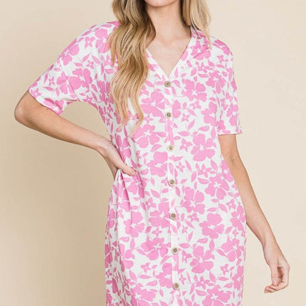 BOMBOM Floral Button Down Mini Dress - MimiStylez