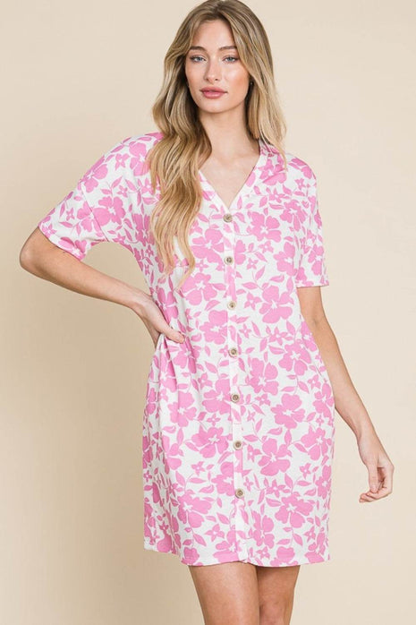 BOMBOM Floral Button Down Mini Dress - MimiStylez