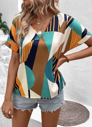 Printed V-Neck Short Sleeve Blouse - MimiStylez