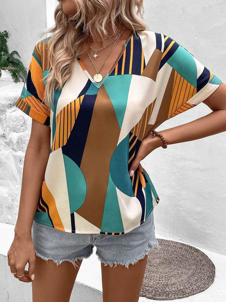 Printed V-Neck Short Sleeve Blouse - MimiStylez
