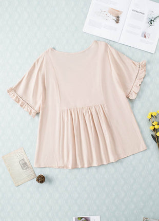 V-Neck Flounce Sleeve Babydoll Blouse - MimiStylez