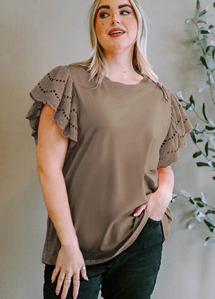 Plus Size Eyelet Round Neck Short Sleeve Blouse - MimiStylez