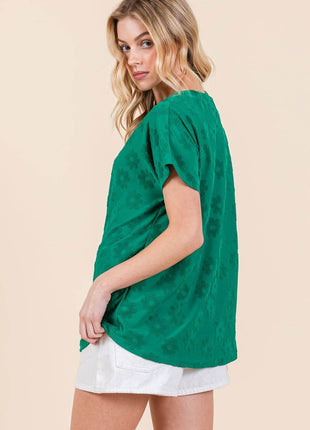 BOMBOM Textured Floral Pattern Short Sleeve T-Shirt - MimiStylez