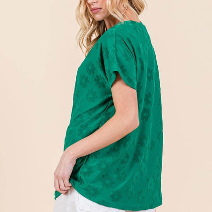 BOMBOM Textured Floral Pattern Short Sleeve T-Shirt - MimiStylez