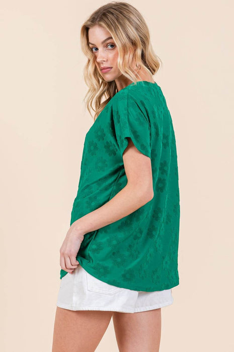 BOMBOM Textured Floral Pattern Short Sleeve T-Shirt - MimiStylez