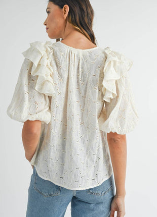 MABLE Eyelet Lace Ruffle Shoulder Puff Sleeve Blouse - MimiStylez
