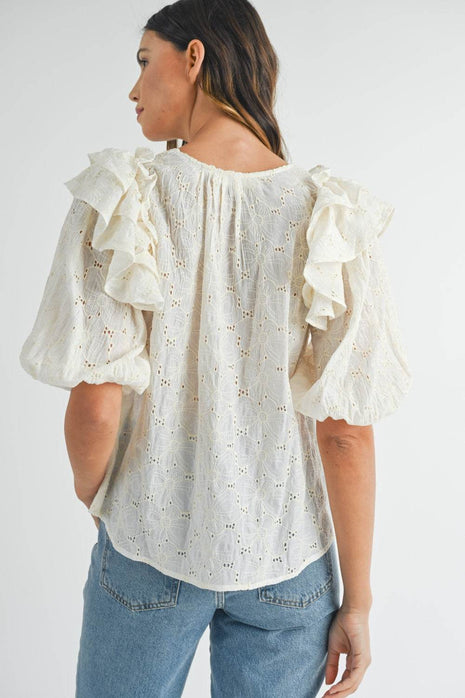 MABLE Eyelet Lace Ruffle Shoulder Puff Sleeve Blouse - MimiStylez