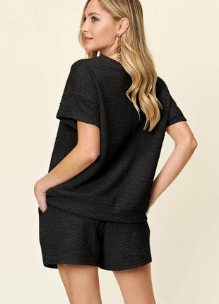 Double Take Full Size Texture Short Sleeve T-Shirt and Drawstring Shorts Set - MimiStylez