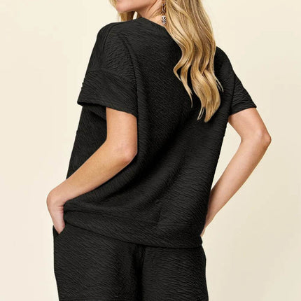 Double Take Full Size Texture Short Sleeve T-Shirt and Drawstring Shorts Set - MimiStylez