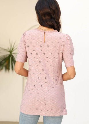 Eyelet Round Neck Short Sleeve T-Shirt - MimiStylez