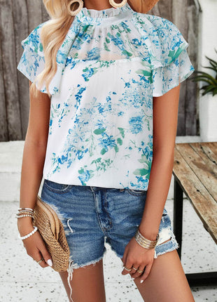 Printed Ruffled Mock Neck Blouse - MimiStylez