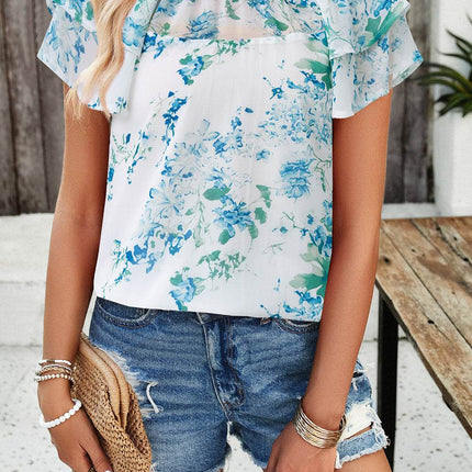 Printed Ruffled Mock Neck Blouse - MimiStylez