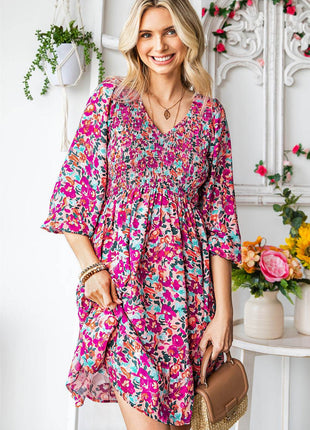 Floral Smocked V-Neck Flounce Sleeve Dress - MimiStylez