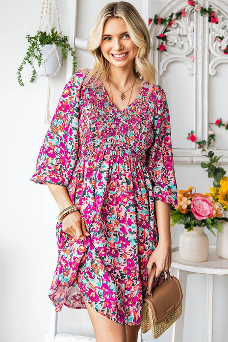 Floral Smocked V-Neck Flounce Sleeve Dress - MimiStylez