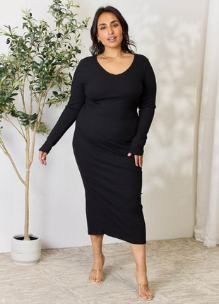Culture Code Full Size Ribbed Long Sleeve Midi Slit Dress - MimiStylez