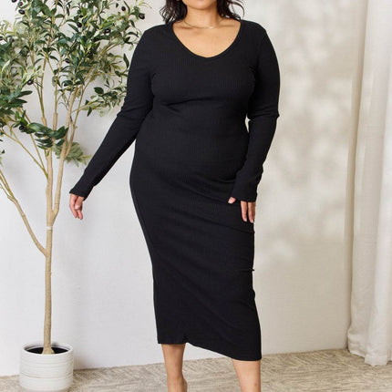 Culture Code Full Size Ribbed Long Sleeve Midi Slit Dress - MimiStylez