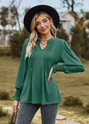 Notched Neck Flounce Sleeve Blouse - MimiStylez