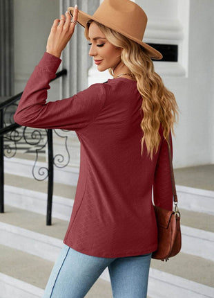 Notched Neck Long Sleeve Buttoned Blouse - MimiStylez