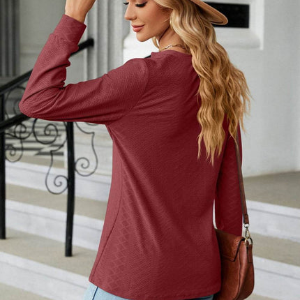 Notched Neck Long Sleeve Buttoned Blouse - MimiStylez