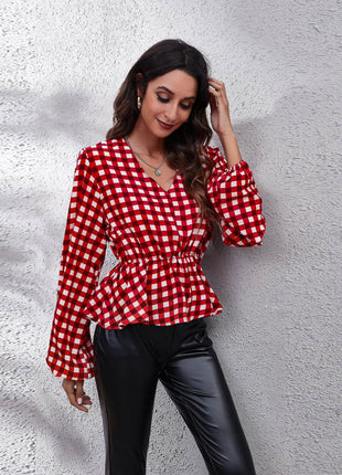 Plaid V-Neck Balloon Sleeve Peplum Blouse - MimiStylez