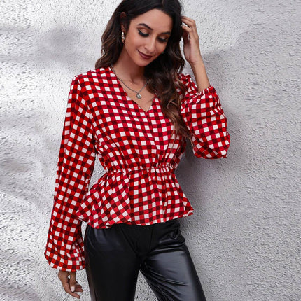 Plaid V-Neck Balloon Sleeve Peplum Blouse - MimiStylez