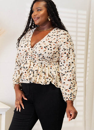 Double Take Printed Tied Plunge Peplum Blouse - MimiStylez