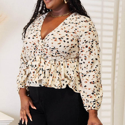 Double Take Printed Tied Plunge Peplum Blouse - MimiStylez
