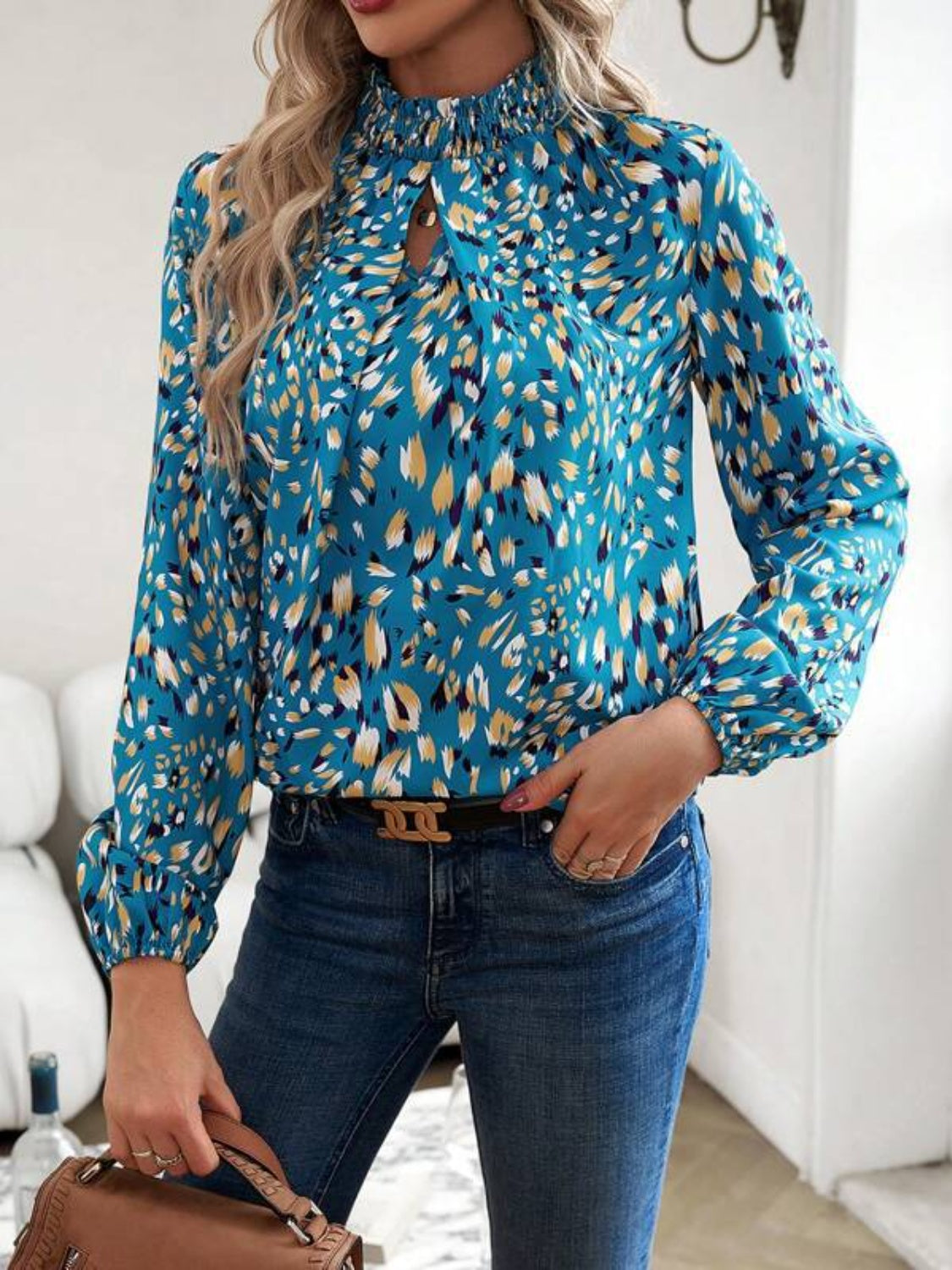 Cutout Printed Mock Neck Balloon Sleeve Blouse