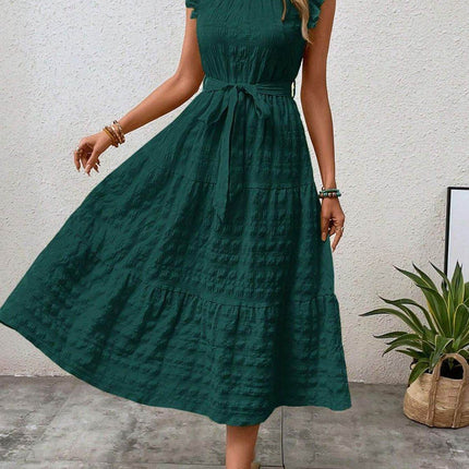 Tied Ruffled Cap Sleeve Midi Dress - MimiStylez