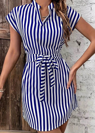 Tied Striped Cap Sleeve Mini Dress - MimiStylez