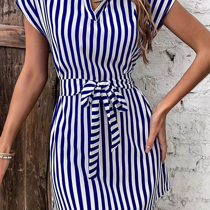 Tied Striped Cap Sleeve Mini Dress - MimiStylez