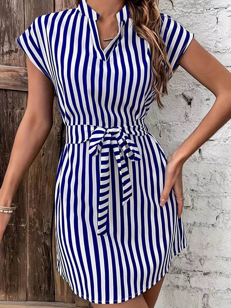 Tied Striped Cap Sleeve Mini Dress - MimiStylez