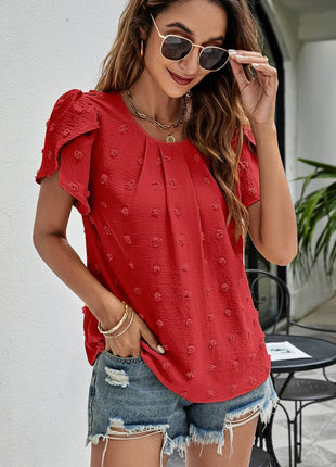 Swiss Dot Round Neck Petal Sleeve Top - MimiStylez