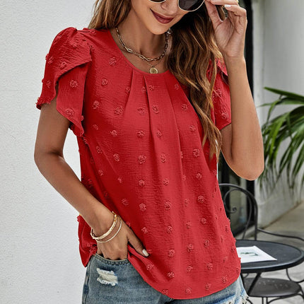 Swiss Dot Round Neck Petal Sleeve Top - MimiStylez
