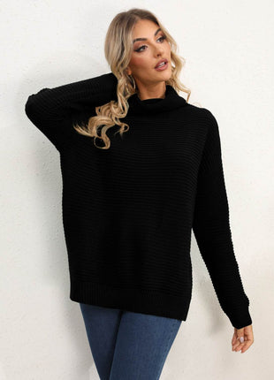 Slit Turtleneck Dropped Shoulder Sweater - MimiStylez