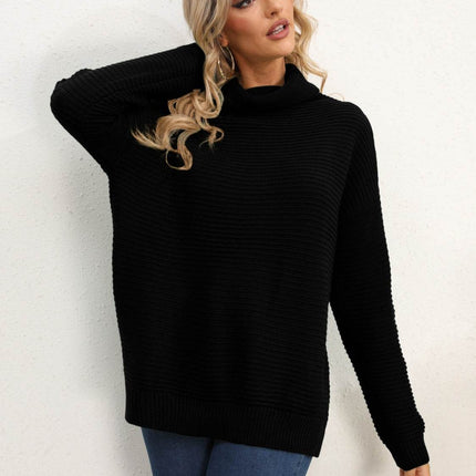 Slit Turtleneck Dropped Shoulder Sweater - MimiStylez