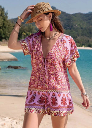 Printed V-Neck Short Sleeve Romper - MimiStylez