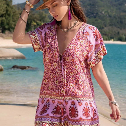 Printed V-Neck Short Sleeve Romper - MimiStylez