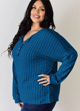 Basic Bae Full Size Ribbed Half Button Long Sleeve T-Shirt - MimiStylez