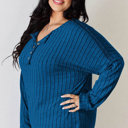 Basic Bae Full Size Ribbed Half Button Long Sleeve T-Shirt - MimiStylez