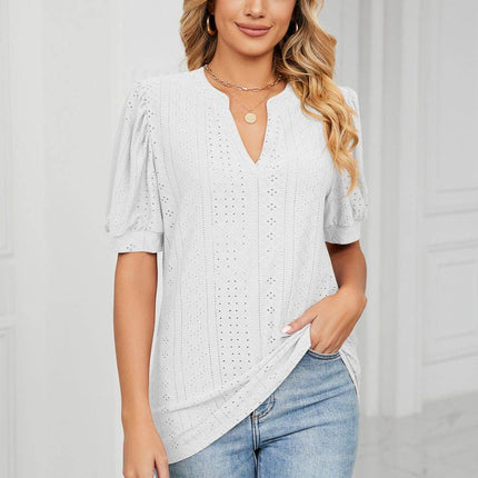 Eyelet Short Puff Sleeve Notched Neck Top - MimiStylez