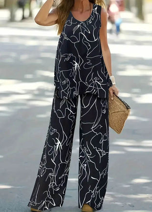 Abstract Print Round Neck Tank and Pants Set - MimiStylez