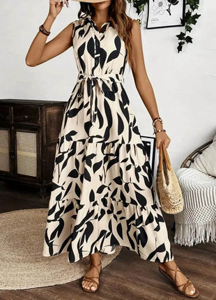 Printed Tie Waist Sleeveless Maxi Dress - MimiStylez