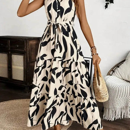 Printed Tie Waist Sleeveless Maxi Dress - MimiStylez