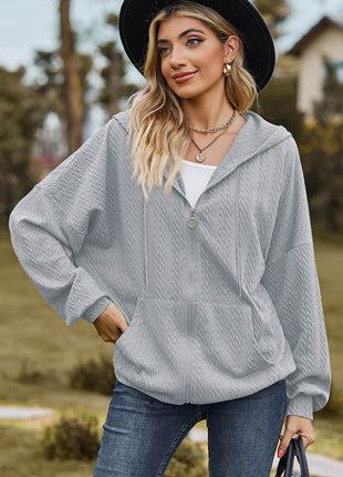 Drawstring Zip Up Dropped Shoulder Hoodie - MimiStylez